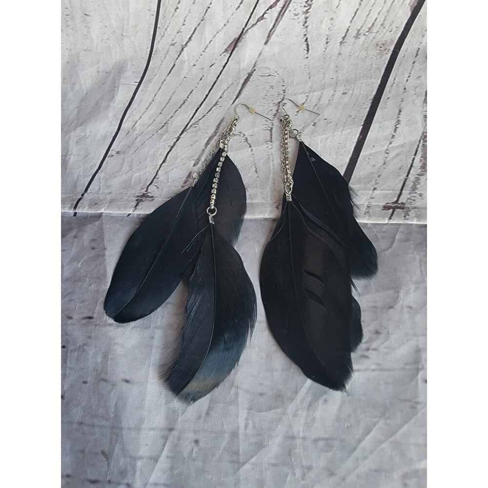 Feather Earrings Black Long Dangle Boho Chic Hook Hippie Festival